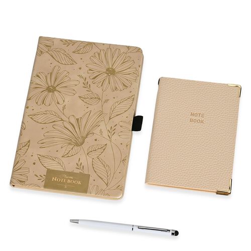 Premium Set; Notizbuch und Taschentagebuch mit geschnitztem, samtigem Hardcover und Kugelschreiber, Beige image number 0