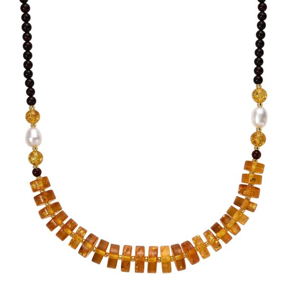 D'Joy Wei&szlig;e S&uuml;&szlig;wasser Perle (6-8 mm), Mehrfarbiger Bernstein Halskette ca. 50 cm 925 Silber vergoldet