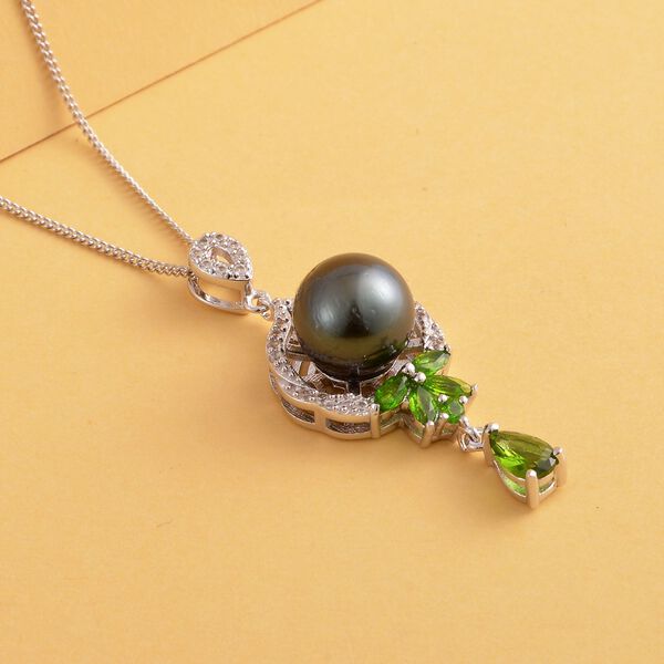 Tahiti Perle, nat&uuml;rlicher Chromdiopsid Anh&auml;nger mit Kette im Schmuckset 925 Silber rhodiniert ca. 1.01 ct image number 2
