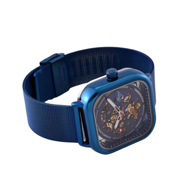 GENOA TIME V2 42mm Automatische Mechanikuhr - Schwarzes hohles Zifferblatt, Gehäuse aus Legierung mit IPS-Beschichtung, Edelstahl-Mesh-Armband, 3 ATM wasserdicht, Reiner Edelstahl, 8.5 cm, blau image number 6