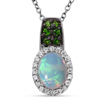 Nat&uuml;rlicher, &auml;thiopischer Welo Opal und nat&uuml;rlicher Chromdiopsid-Anh&auml;nger mit Kette, 925 Silber platiniert ca. 1,69 ct