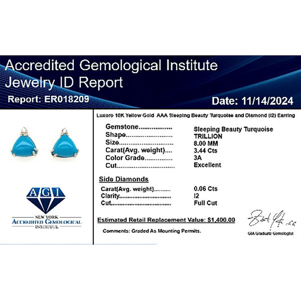 LUXORO zertifiziert und geprüft AAA Sleeping Beauty Türkis und Diamant Ohrringe in 417 Gold - 3,50 ct. image number 5