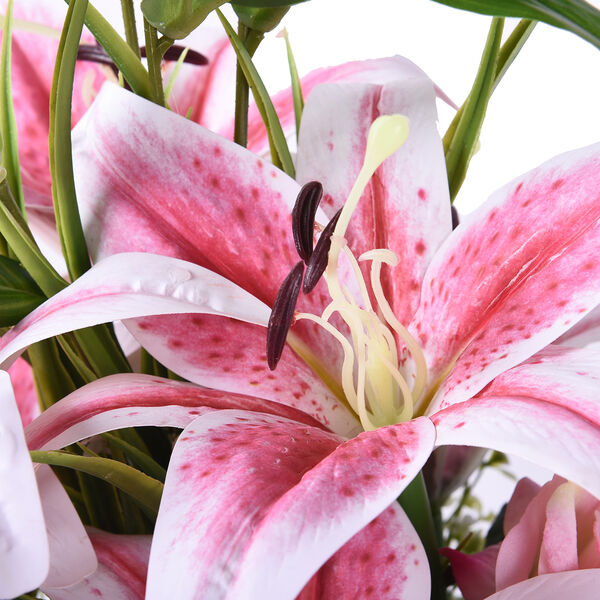 6 rosae Lilien, 3 rosa Rosen mit wei&szlig;er Keramikvase image number 3