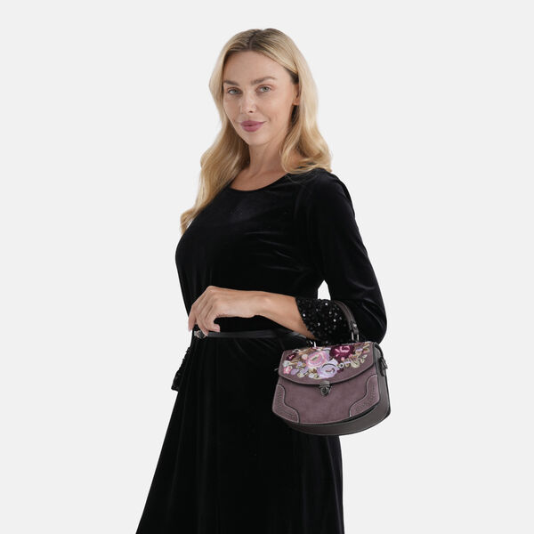 Kompakte Kunstprint Crossbody Tasche mit floralem Design, 23x9x17cm, Lila image number 3