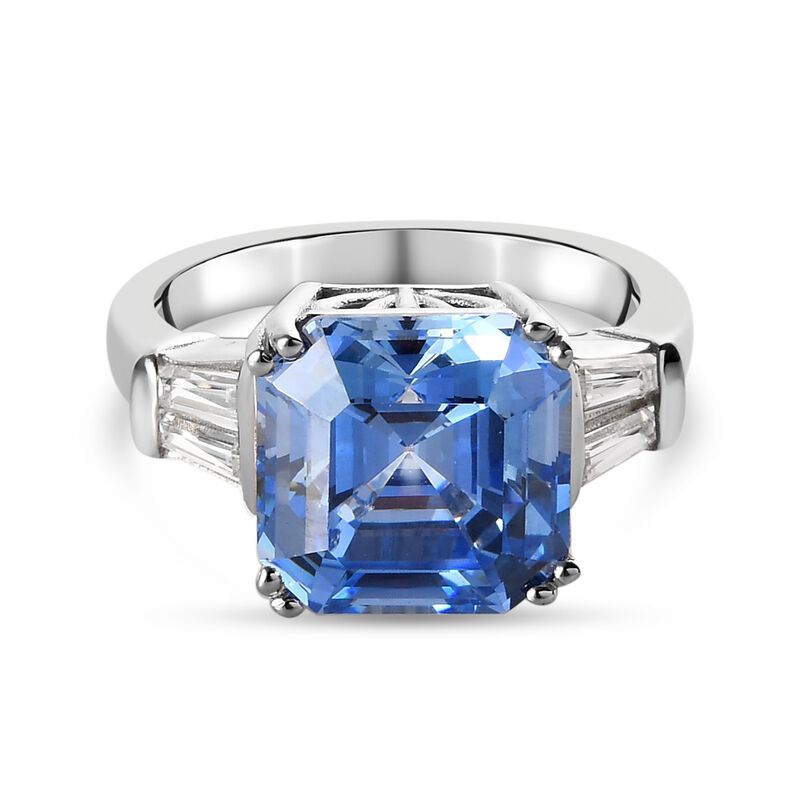 LUSTRO STELLA Hergestellt mit Fancy Blauem ZIRKONIA Asscher Schliff Ring 925 Silber Platin-Überzug (Größe 16.00) ca. 6,84 ct image number 0