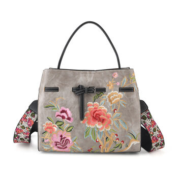 Florale Kunstprint Crossbody-Tasche mit Komfort-Schulterriemen, 30 x 13 x 23 cm, Grau