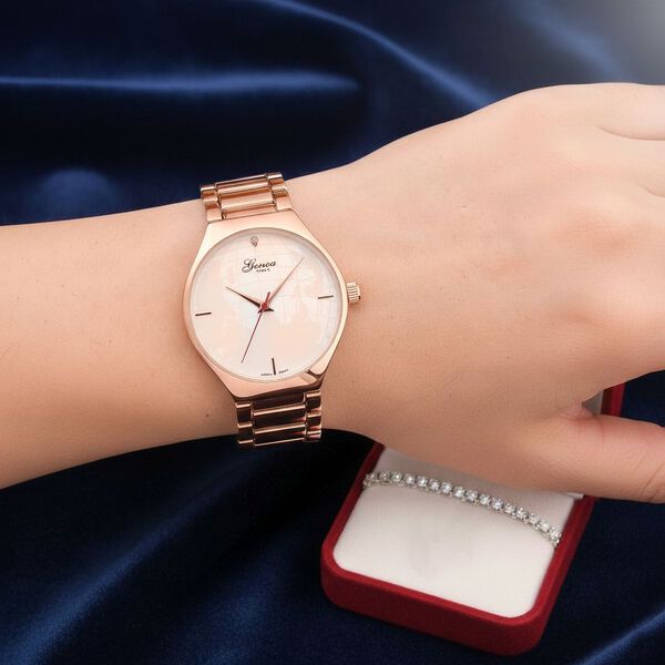 GENOA - Wei&szlig;er Diamant Uhr mit Japanisches Uhrwerk, 3 ATM Wasserdicht, 316L Edelstahl, Rose image number 2