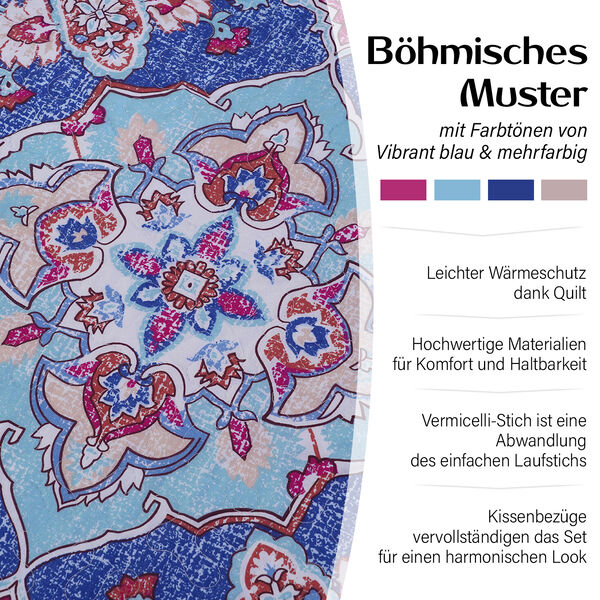 SERENITY NIGHT: 3er-Set - Bedruckte Steppdecke und 2 Kissenbez&uuml;ge, Blau und Mehrfarbig&nbsp; image number 1