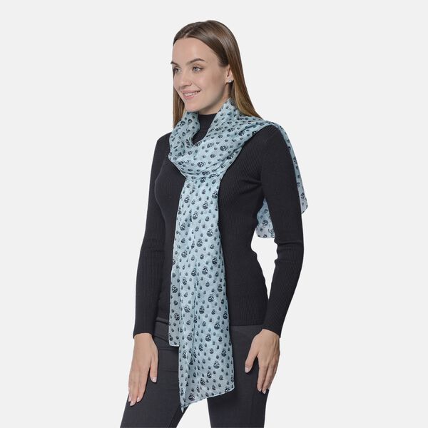 LA MAREY 100 % nat&uuml;rlicher Maulbeerseiden Schal, Sch&auml;del Muster, Gr&ouml;&szlig;e: 180x110 cm, Blau image number 1