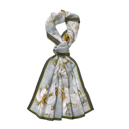 LA MAREY: Premium Selection - 100% Maulbeerenseiden-Halstuch mit Blumendruck, 35 x 150 cm, grau