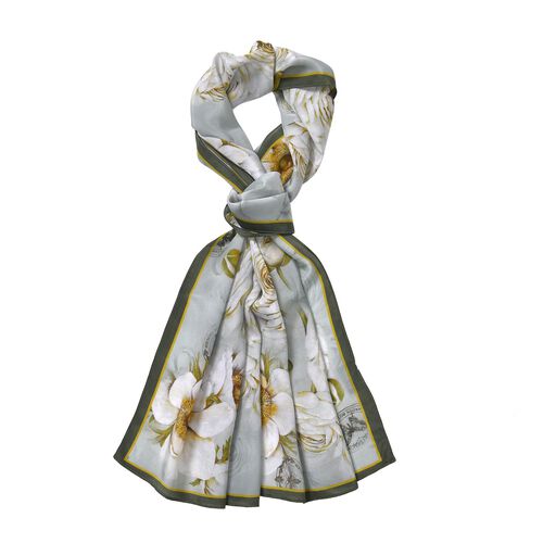 LA MAREY: Premium Selection - 100% Maulbeerenseiden-Halstuch mit Blumendruck, 35 x 150 cm, grau image number 0