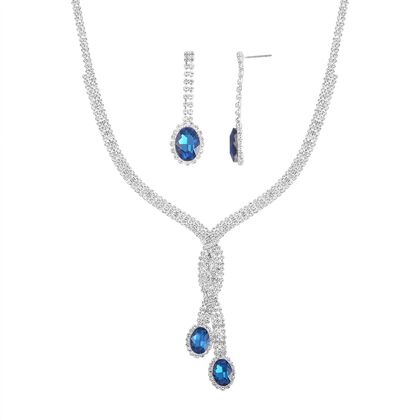 Blauer Kristall Halskette und Ohrhänger Schmuckset Reines Messing