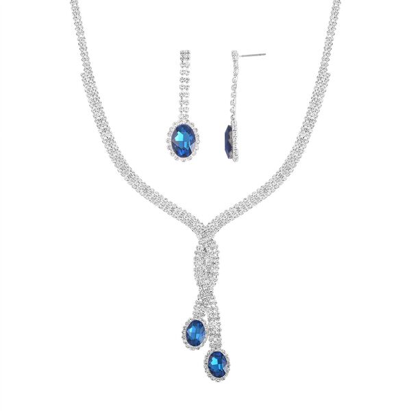 2er Set - Blauer Kristall Halskette und Ohrhänger Schmuckset image number 0