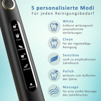 Fairywill- Zahnb&uuml;rste mit 4 B&uuml;rstenk&ouml;pfen, Schwarz