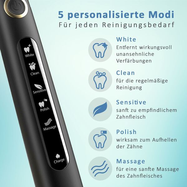 Fairywill- Zahnb&uuml;rste mit 4 B&uuml;rstenk&ouml;pfen, Schwarz image number 4