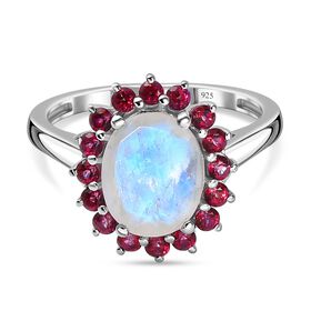 AA Regenbogen Mondstein und Signity leuchtend roter Topas-Ring - 3,20 ct.