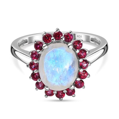 AA Regenbogen Mondstein und Signity leuchtend roter Topas-Ring - 3,20 ct. image number 0