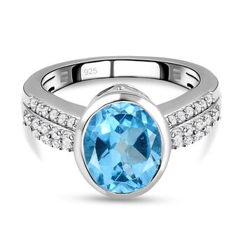 Schweizer Blautopas und wei&szlig;er Zirkon-Ring, 925 Silber platiniert (Gr&ouml;&szlig;e 16.00) ca. 3,92 ct