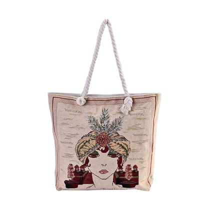 lifestyle-Color:Beige with Girl portrait pattern;  Size/Profile:large size tote bag; Wall (exterior):jute,Lining (Interior):polyester  Pockets (exterior):Zipped-1;Pockets (interior):zipped-1;Measurement (inches):42*34*9*37cm,33cm handle drop; Closure Type