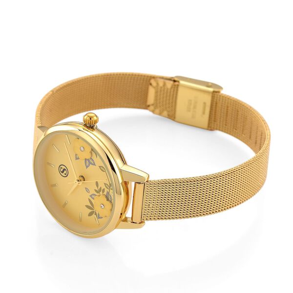 STRADA Uhr mit Japanischem PC21S Werk, Edelstahl-Mesharmband Goldfarben, florales Zifferblatt Gelb mit Weißem Kristall image number 5