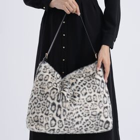 Leopardenmuster-Fellimitat-Tasche, 46x11x35 cm, Beige-Schwarz