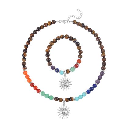 2er Set - Sonnensymbol Anh&auml;nger Set mit Mehrfarbigen und Tigerauge Edelsteinperlen Chakra Halskette und Armband