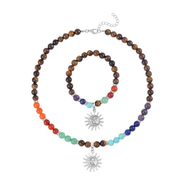 2er Set - Sonnensymbol Anhänger Set mit Mehrfarbigen und Tigerauge Edelsteinperlen Chakra Halskette und Armband image number 0