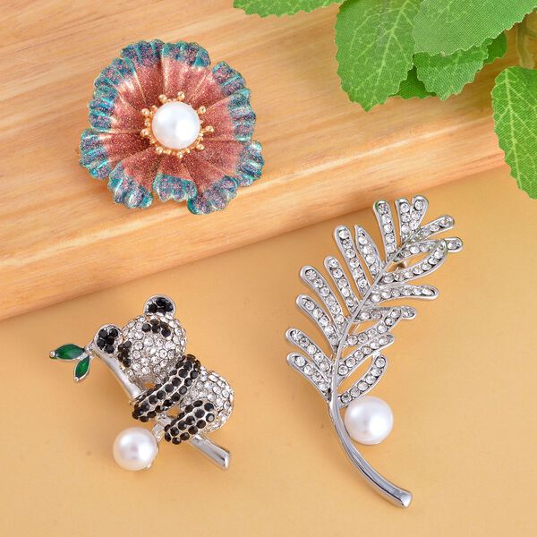 3er Set, Weiße Süßwasserzucht Perlen Broschen, Panda image number 2