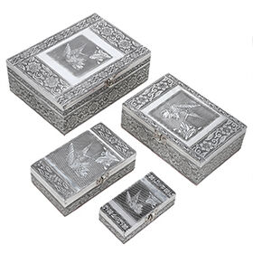 4-teiliges Set handgefertigter Aluminiumboxen mit Kolibri-Motiv, Größen von 24x17x9 cm bis 13x6,5x3 cm, Kolibri