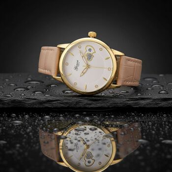 GENOA - Automatik-Armbanduhr mit Herz-Design und Datumsanzeige, Dandong-Uhrwerk, Wei&szlig;es Zifferblatt, Goldfarben, Helltaupes Lederarmband, 36 mm