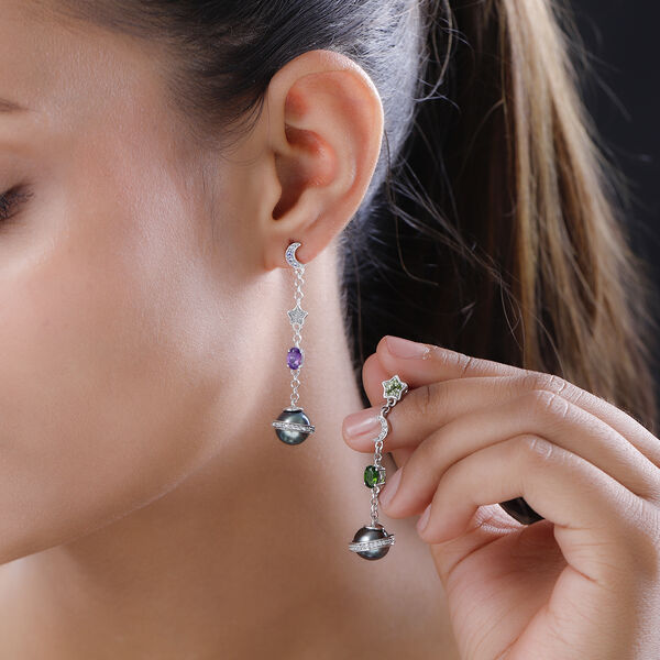 GP Celestial Dream Kollektion - Tahiti Perle, nat&uuml;rliche Chromdiopsid, afrikanische Amethyst und blaue Saphir-Ohrringe - 1,64 ct. image number 2