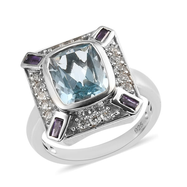 Schweizer Blautopas und Afrikanischer Amethyst Ring 925 Silber Platin-&Uuml;berzug image number 2