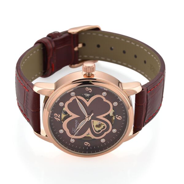 GENOA TIME V2 Automatikuhr mit Automatikwerk, Zifferblatt mit Blumenmuster und Moissaniten, rotes Lederarmband, 36 mm, ca. 0,08 ct. image number 4