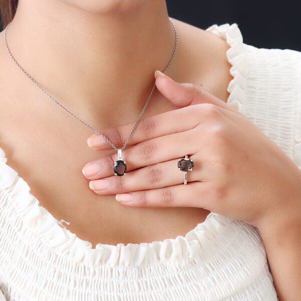 2er-Set, Rauchquarz-Solit&auml;r-Ring und Anh&auml;nger in Silber, 6,78 ct. image number 3