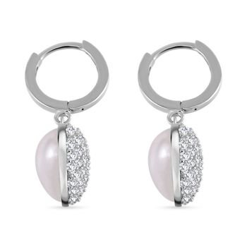 Wei&szlig;e Muschelkernperle und Zirkonia-Ohrringe, 925 Silber vergoldet - 1 ct.