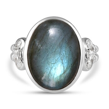 Labradorit und Zirkon-Ring, 925 Silber platiniert (Gr&ouml;&szlig;e 16.00) ca. 10,74 ct