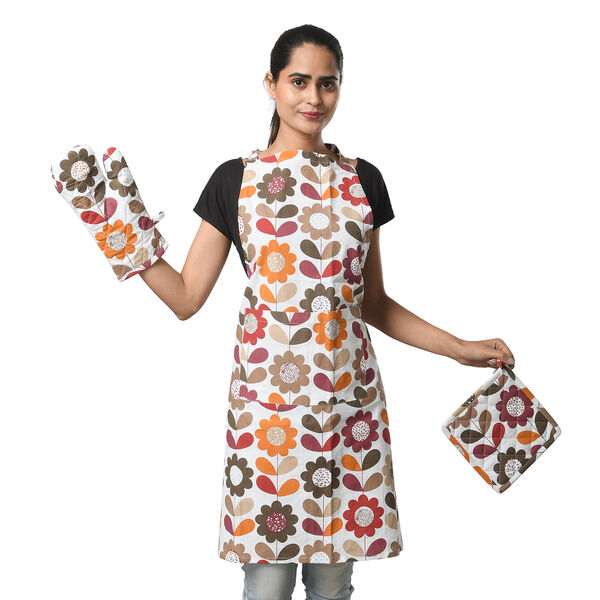 100% Baumwolle K&uuml;chen-Set, Sch&uuml;rze, Handschuh und Topflappen, Blumenwiese, mehrfarbig, 3 teilig image number 2