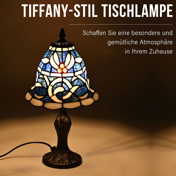 Handgefertige Tiffany-Stil Tischlampe, Buntglas, Glockenform, Blau image number 2
