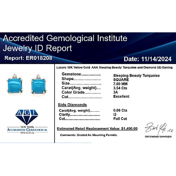 LUXORO zertifiziert und gepr&uuml;ft AAA Sleeping Beauty T&uuml;rkis und Diamant Ohrringe in 417 Gold - 3,60 ct. image number 5
