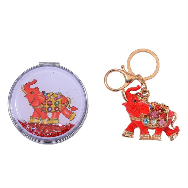 2er Set - Mehrfarbiger Kristall, Elefant-Set: Schl&uuml;sselanh&auml;nger und Spiegel, emailliert, goldfarben
