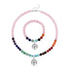 2er Set - Lebensbaum Anhänger Set mit Mehrfarbigen und Rosenquarz Edelsteinperlen Halskette und Armband