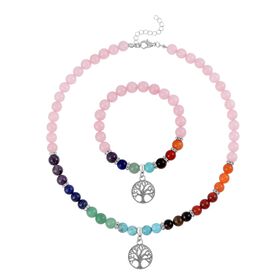 2er Set - Lebensbaum Anhänger Set mit Mehrfarbigen und Rosenquarz Edelsteinperlen Halskette und Armband