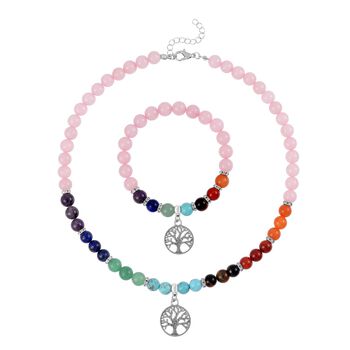 2er Set - Lebensbaum Anh&auml;nger Set mit Mehrfarbigen und Rosenquarz Edelsteinperlen Halskette und Armband