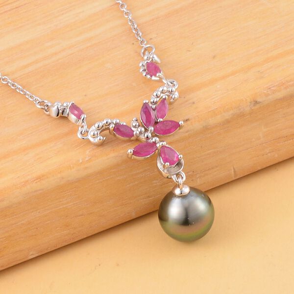 9-10 mm Tahiti-Perle und afrikanische Rubin-Halskette, 45cm - 1,37 ct. image number 2