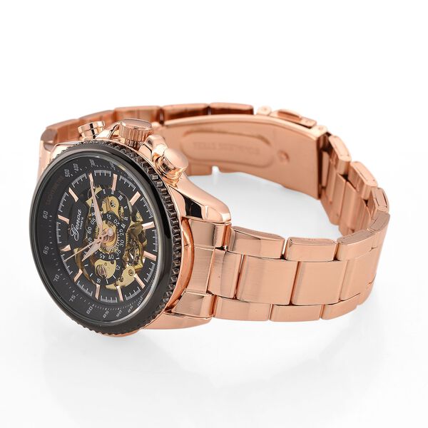 GENOA TIME - Bicolor-Armbanduhr, Reiner Edelstahl, schwarz-silberfarben, Automatik, 3 ATM wasserdicht image number 5