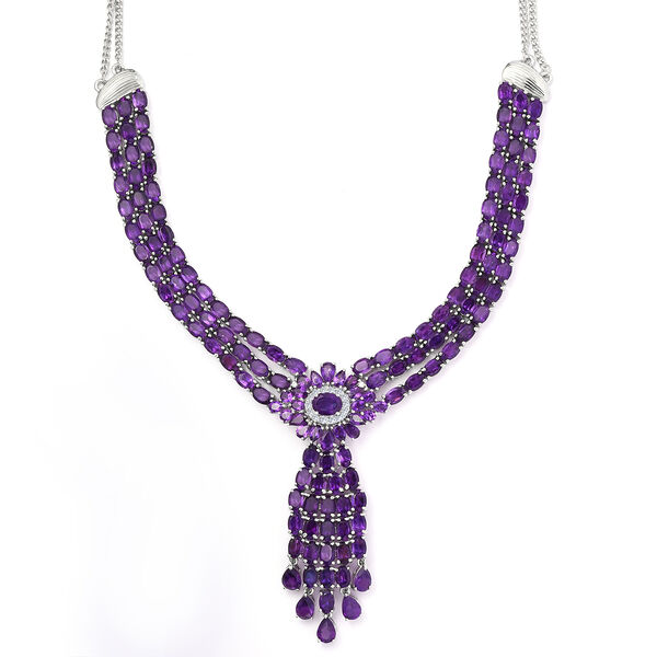 EXKLUSIVES ANGEBOT - afrikanische Amethyst Halskette, ca. 45 cm, 925 Silber platiniert, ca. 58,04 ct