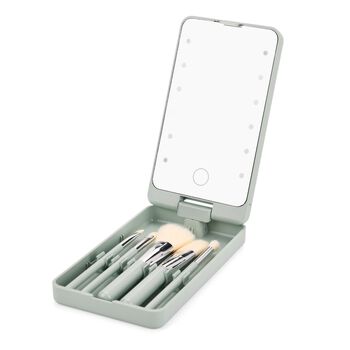 5-teiliges Reise-Makeup-Pinselset mit Spiegel, 16x8,9x2,6cm, gr&uuml;n