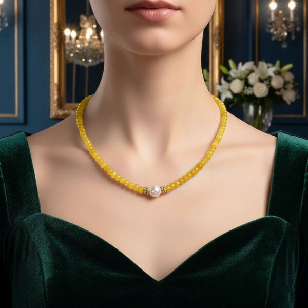 Muschelkernperle (9-11 mm) Halskette mit Gelbem Quarzit, verstellbar ca. 40.5 cm +10 cm Extender, goldfarben image number 3