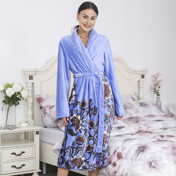 Bedruckter Flanell Bademantel mit G&uuml;rtel und Taschen, Himmelblau