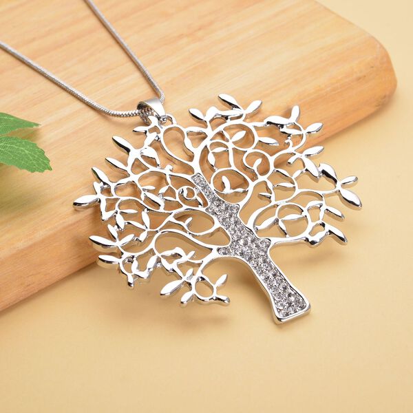 Wei&szlig;er Kristall Lebensbaum-Anh&auml;nger mit Kette, silberfarben image number 2
